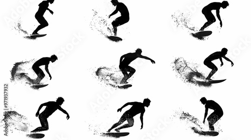 Dynamic silhouette of a male surfer showcasing various surfing maneuvers.