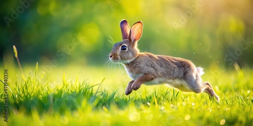 Cute European rabbit hopping in a green grassy meadow on a sunny day, rabbit, European, cute, grass, meadow, sunny, day, hopping