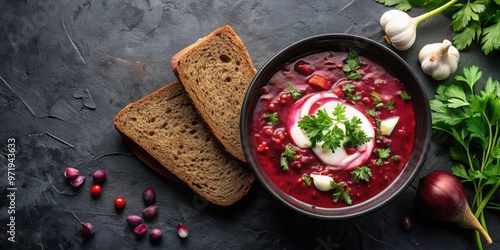 Beet borscht with sour cream, garlic and rye bread on black stone background. Top view. Ukrainian culture food