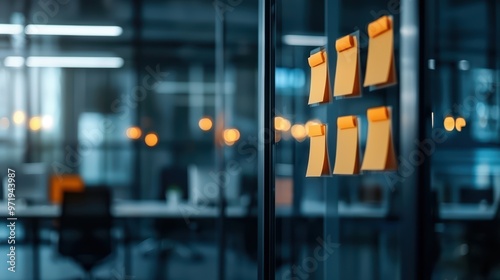 Modern Office Interior with Sticky Notes on Glass Wall in Evening Light