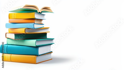 A colorful stack of various books with an open book on top, perfect for educational or literary themes.