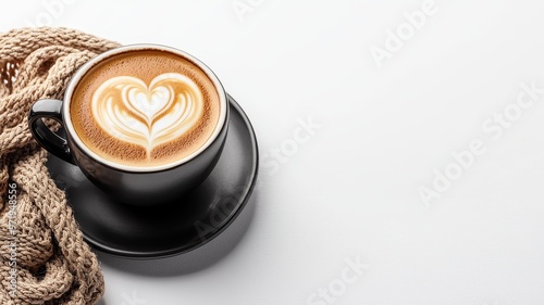 A cozy cup of latte art with a heart design, accompanied by a warm, knitted scarf on a clean, minimalistic background.