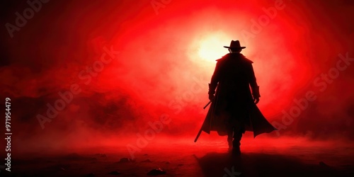 Silhouette of lone vampire hunter in red light , vampire, hunter, silhouette, night, pursuit, eerie, darkness