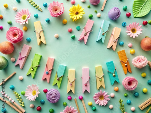 Whimsical line art of colorful clothespins clipping together various items, like paper notes, flowers, and candies, on a soft, pastel-colored background.