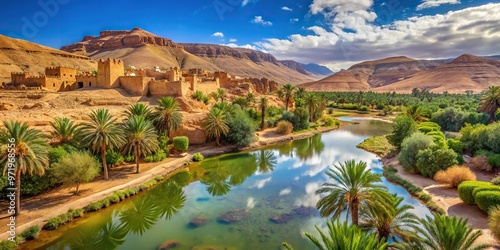 Wide-angle view of desert oasis in the mountains of Ouarzazate Morocco