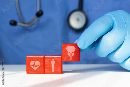 Bladder and prostate stamped on wooden cubes, prostate cancer, bladder cancer, male healthcare concept, regular prostate checkup.