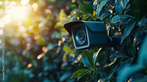 Security camera hidden in green foliage with a sun glare.