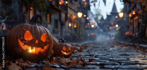 Spooky Halloween scene with carved jack-o'-lanterns on a cobblestone street, warmly lit by streetlights and festoons.