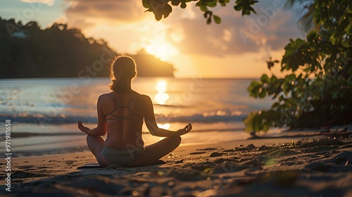 Woman meditating on the beach at sunset, with the ocean and sky behind her.