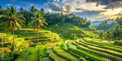 Vibrant photo capturing the lush rice terraces, vibrant culture, and beautiful beaches of Bali, Indonesia, Bali