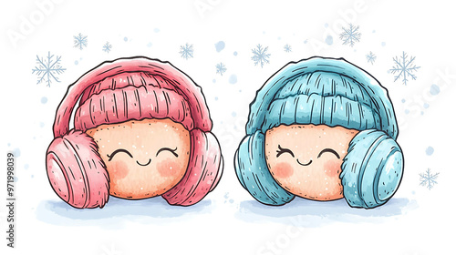 Cute cartoon characters wearing winter hats and earmuffs.