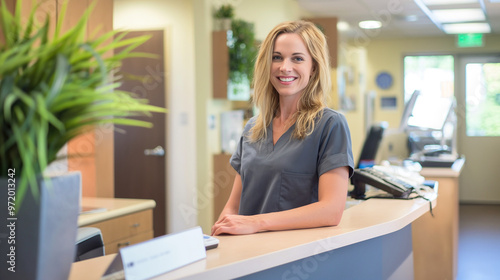 Reception desk area, emphasizing its cleanliness and professionalism, Smiling receptionist greeting patients