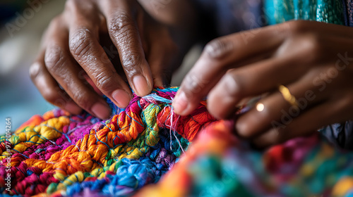 A close-up of hands stitching together pieces of fabric made from recycled plastics showcasing craftsmanship in sustainable fashion