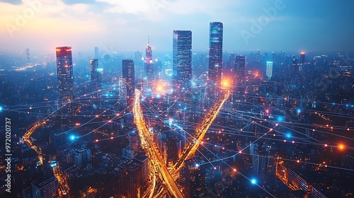 A top-down view of a modern city at night, with bright data lines glowing in neon colors, connecting skyscrapers and roads in a web of digital networks. The city pulses with technological energy,