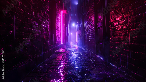 Neon lights of dystopian cyberpunk future, night time shot of dense city alley ways