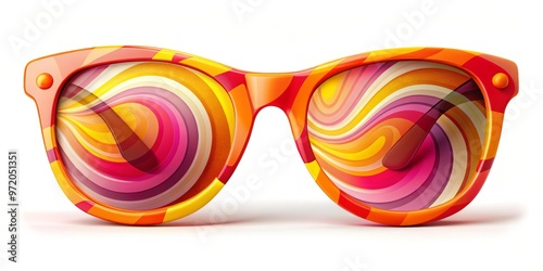 "Vibrant swirls of orange, pink, and yellow entwine with chic sunglasses and a bold geometric shape, set against a bright white background."