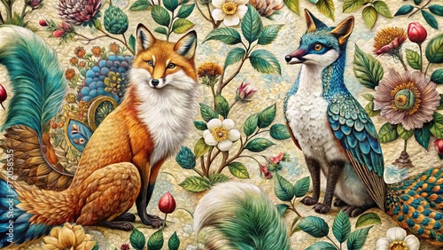 Elegant peacocks and whimsical foxes adorn vintage-inspired fabrics with intricate taxidermy designs, merging natural worlds with artful quilting patterns.