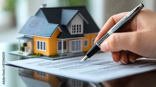 A close-up of a hand signing a mortgage refinance agreement, with a focus on the pen, contract details, and a cozy house model on the side