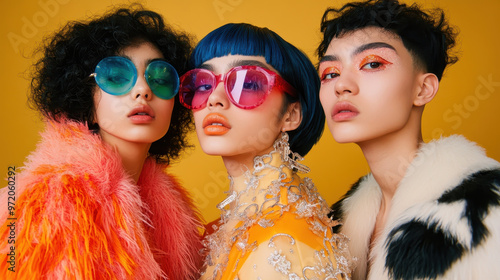 Bold and maximalist fashion is showcased in this vibrant portrait of three individuals, featuring colorful sunglasses and striking makeup against bright yellow background