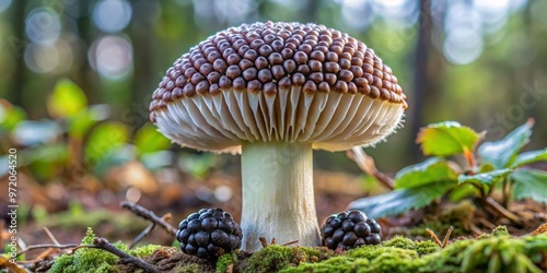 A curly hair comb-like fungus has a blackberry shape and an elongated body with thick, long spines on its surface.