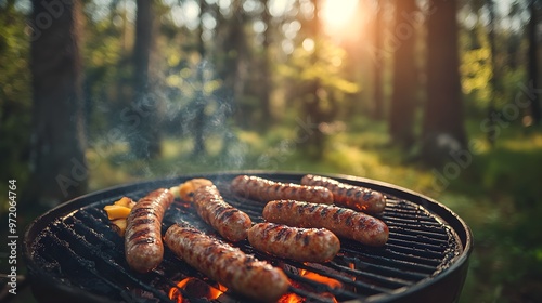 Idyllic forest setting, grill with delicious sausages and vegetables, gentle breeze and chirping birds, tall trees forming a natural canopy