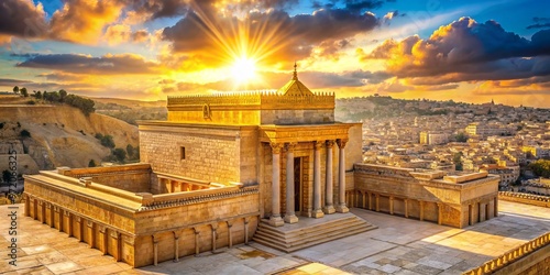 Intricate golden facades of the ancient Jewish Temple, the Beit Hamikdash, rise majestically amidst sun-kissed Jerusalem hills, radiating an aura of antiquity and spiritual significance.