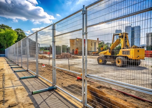 "Temporary fencing with durable steel mesh and hinges, enclosing a large construction site with heavy machinery and building materials"