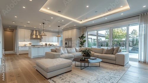 A spacious living room with high ceilings, decorated in neutral tones like white, gray, and beige. The floor is light wood, The ceiling is clean and ready to add recessed lighting. Generative AI.