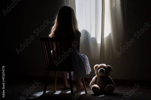 Lonely Child Sitting with Teddy Bear in Dark Room