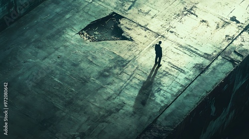 A solitary figure standing on a cracked concrete surface.