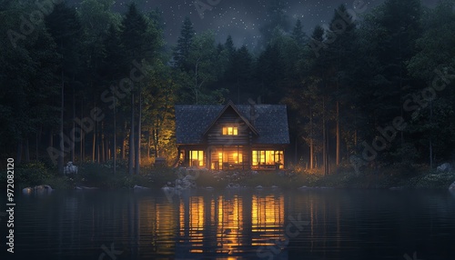 Warm and inviting cabin by a lake at night, dim lights illuminating the interior, unexpected elements adding intrigue to the scene