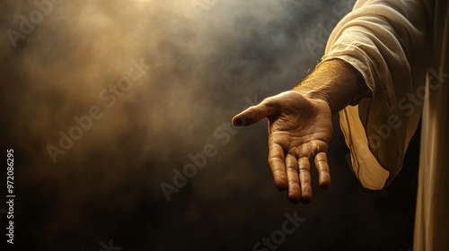 Resurrected jesus christ reaching out his hand in prayer against a dark, dramatic background