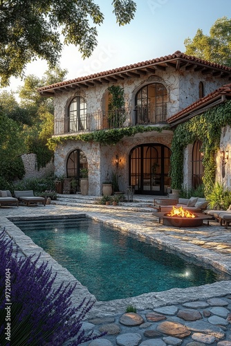 Luxury spanish hacienda with swimming pool and fire pit enjoying the sunset