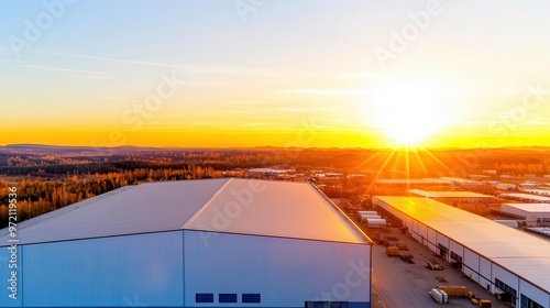 Aerial view of a sprawling factory complex, multiple steel buildings, surrounded by open land and clear skies