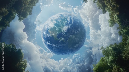 A view of Earth from a forest canopy, with clouds surrounding the planet.