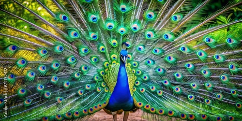 A peacock unfurls its dazzling iridescent skirt amidst a tapestry of emerald vines and leaves, showcasing its ravishing