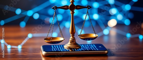 A balanced scale resting on a smartphone reflects the intersection of law and technology in a modern legal setting