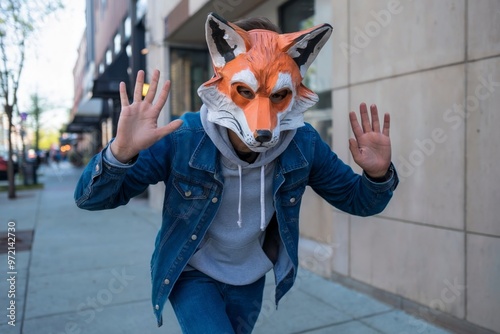 Young man wearing a fox mask with his hands up in a city environment. Modern youth subculture and playful behavior concept. Photo for articles, blogs, or social media.