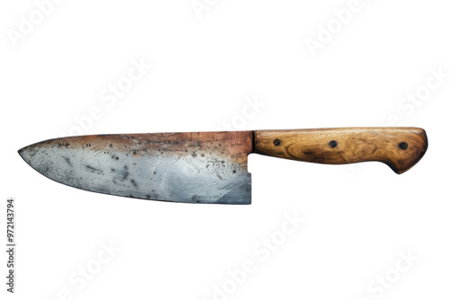 A close-up view of a rustic kitchen knife with a wooden handle and a sharp blade, perfect for culinary, cooking, or kitchen themes.