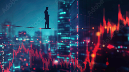 Silhouette of businessman walking on tightrope high above futuristic city skyline, surrounded by volatile red stock market charts, demonstrating volatility and risk in the system.