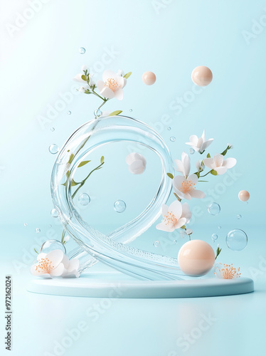 Cosmetic company image - water swirl with pure white flowers and round objects