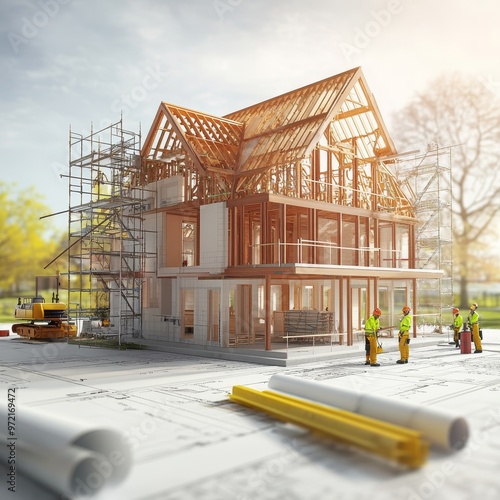 Architectural blueprint of a house under construction with workers and materials in daylight