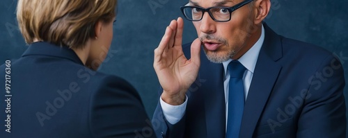 Diplomat whispering to an aide during intense discussions, negotiation influence, behind-the-scenes negotiation