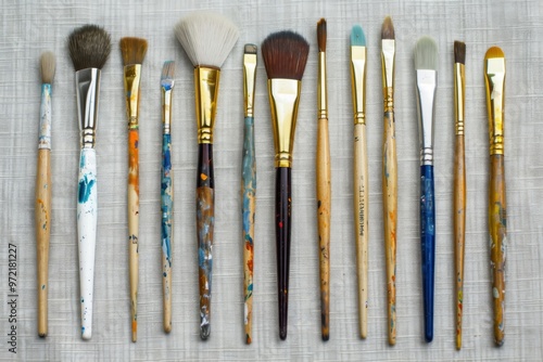 A collection of various artist brushes arranged neatly, showcasing different shapes and sizes for painting and creativity.