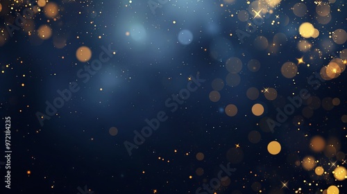 Abstract dark blue and gold particle background with Christmas golden light bokeh, shining particles on navy blue, gold foil texture, festive holiday concept