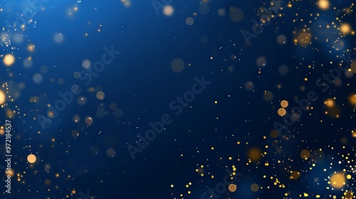 Abstract dark blue and gold particle background with Christmas golden light bokeh, shining particles on navy blue, gold foil texture, festive holiday concept