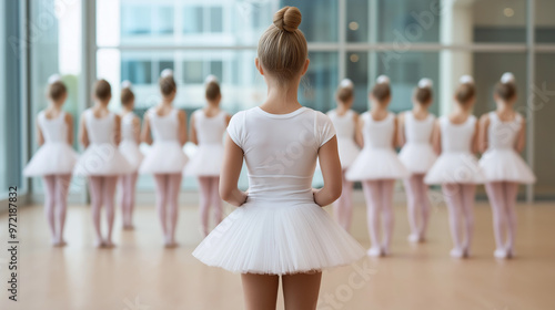 Ballet teacher demonstrating a pirouette to young students, graceful movements, wooden floors and mirrored walls 