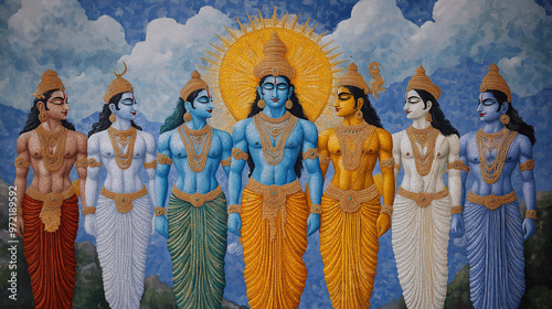 Colorful mural of the ten incarnations of Lord Vishnu, from Matsya the fish to Kalki the warrior, against a celestial backdrop 