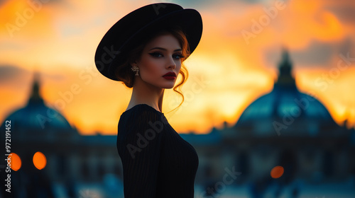 Elegant silhouette of a model posing in front of the Grand Palais, Paris Fashion Week, dramatic sunset lighting 