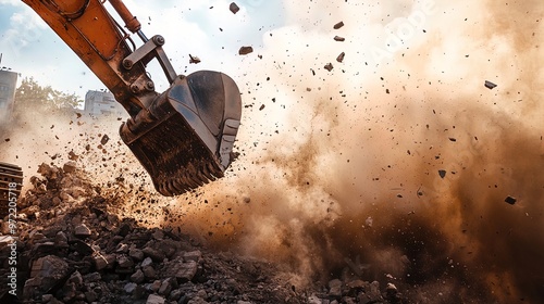 Dynamic Demolition: Powerful Excavator Lifts Debris Amidst Dust Clouds - Perfect Poster for Sports Interiors and Construction Enthusiasts